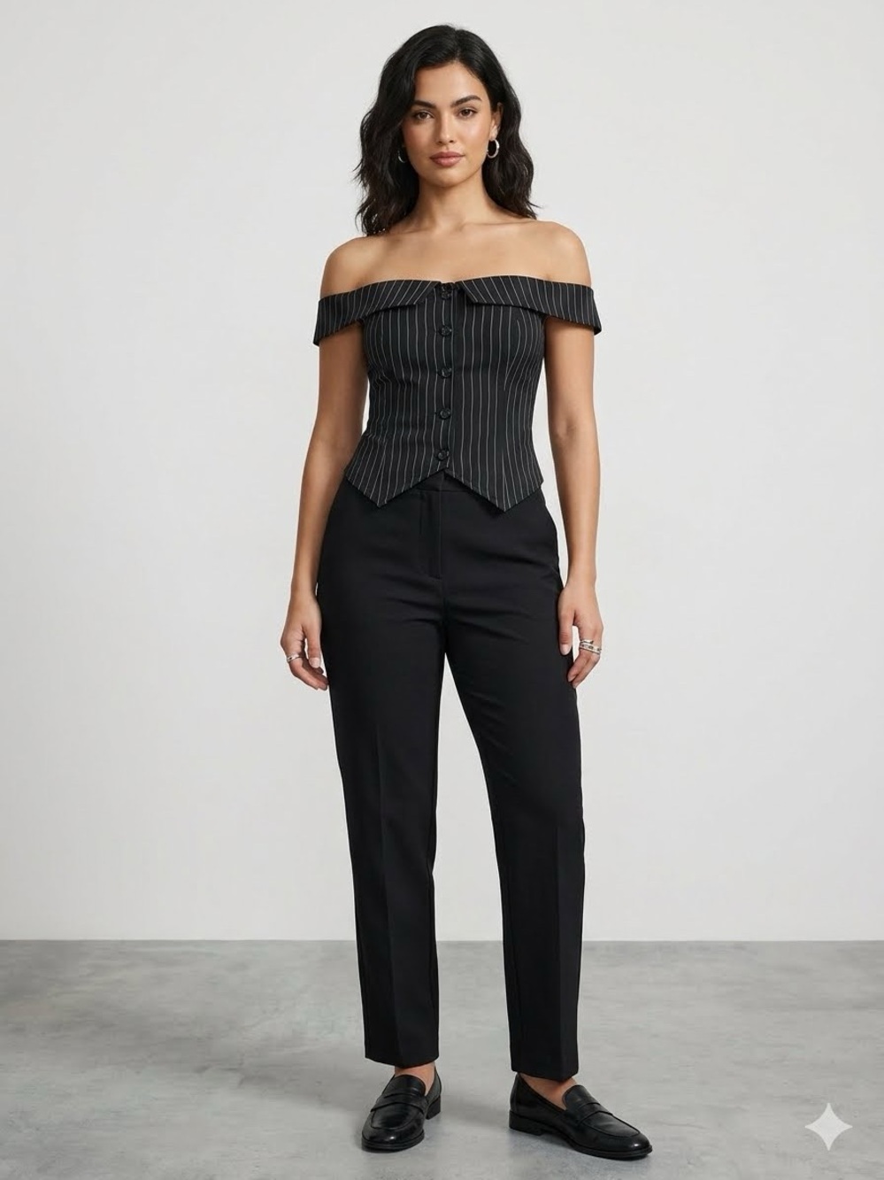Black Pinstripe Off-Shoulder Buttoned Bustier Top